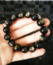 Load image into Gallery viewer, Top Grade Golden Sheen Obsidian Bracelet/12mm Beads/Double-sided Cat-Eye Effect/Manifestation Power-Up